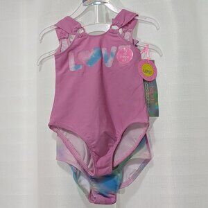 Set Of 2 One Piece Swimsuits By Young Hearts Swim Girls 3T “Love” Pink Clouds
